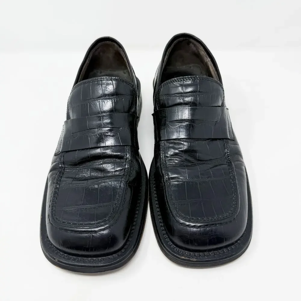 Vintage 90s Kenneth Cole Black Leather Croc Embossed Loafers 8.5 Made in Italy